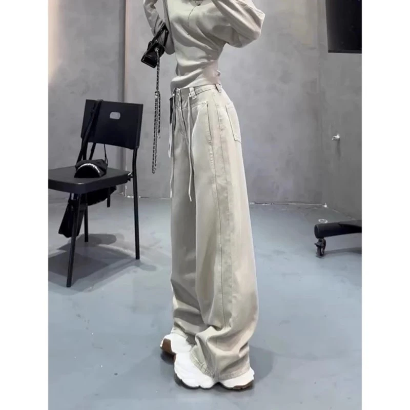 杏色抽绳系带镰刀弯刀牛仔裤女2025年夏季新款大码高腰垂感阔腿裤