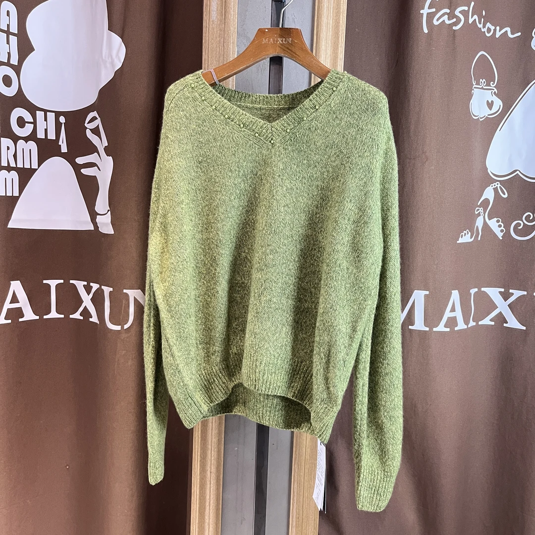麦寻冬季新款MYTZS26Z军绿色V领套头毛衣60左右高级