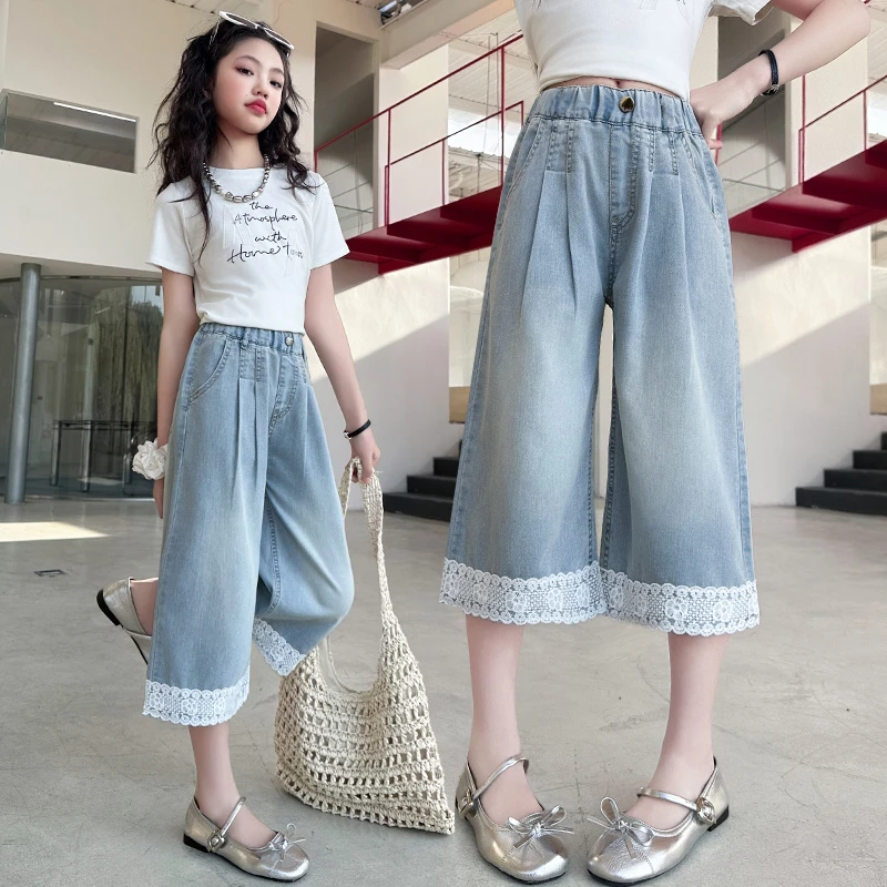 女童七分牛仔裤夏装2025新款洋气中大儿童宽松休闲阔腿裤子夏季薄