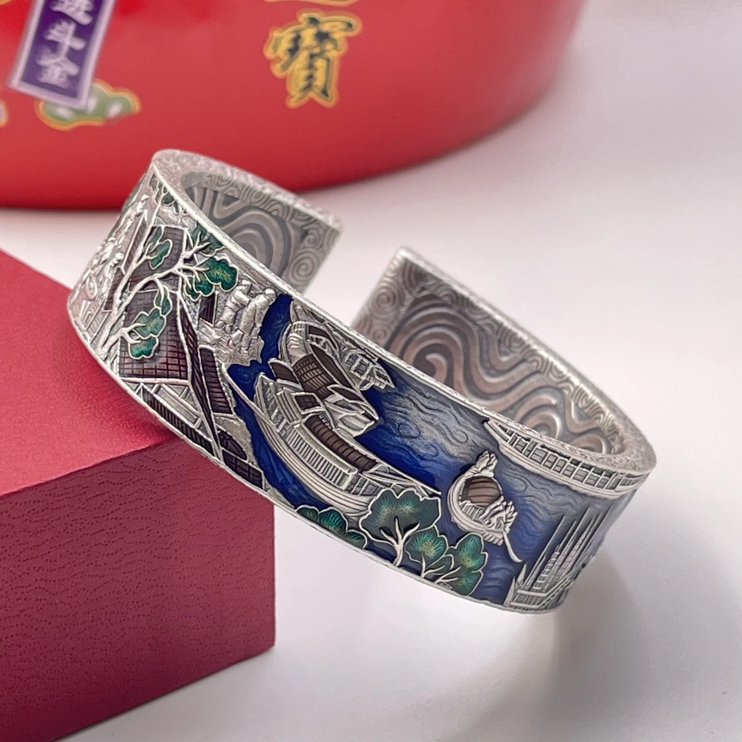 足银珐琅手镯 金宫凤朝清明上河图实心珐琅彩重工錾刻手镯镯子