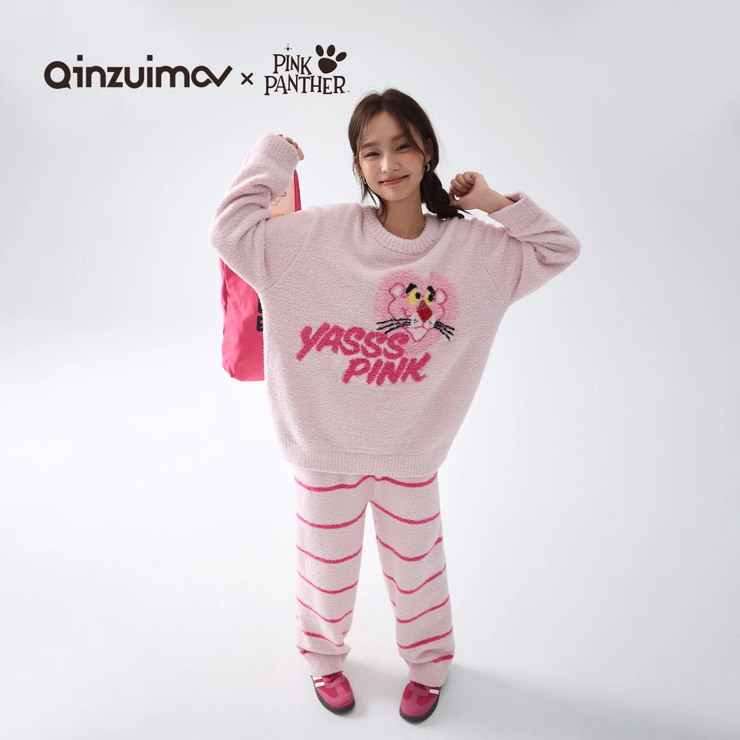 亲嘴猫【粉红豹】半边绒睡衣女秋冬季卡通套装家居服保暖加厚可外穿