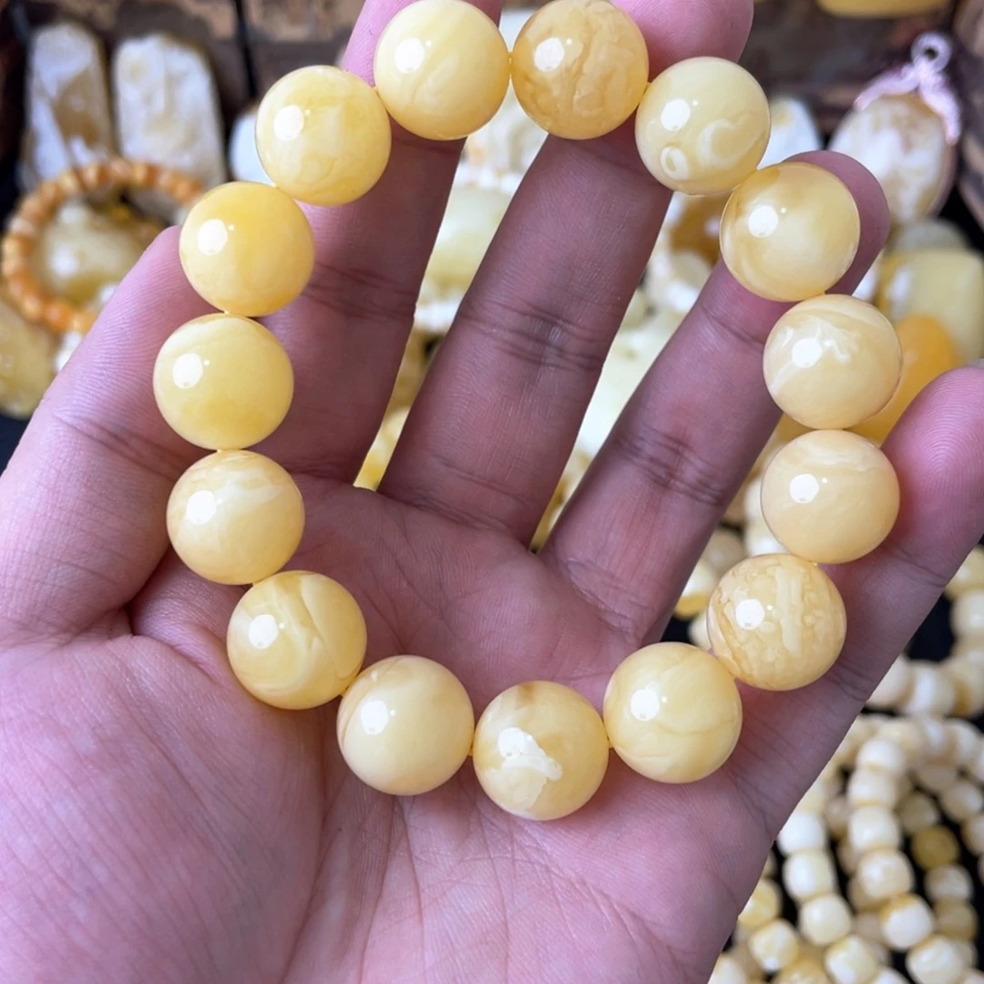 琥珀手串未镶嵌Z**@15+俄料浓蜡妖白花圆珠手串