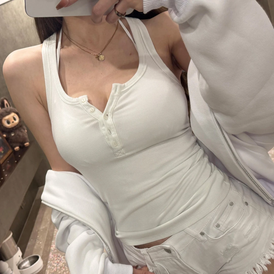 T&F  美式辣妹性感v领卡其色背心吊带显瘦修身打底极简TF2502SS13