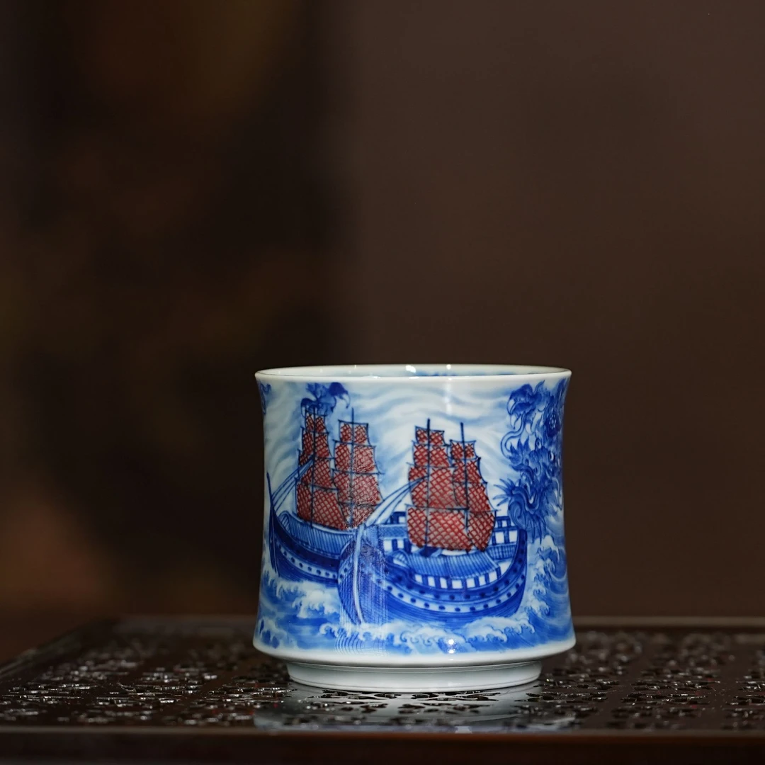 永明尚玩丨一帆风顺直筒杯 80ML 景德镇陶瓷纯手工手绘茶杯茶具