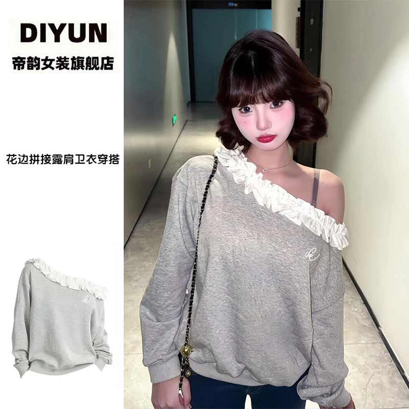 【帝韵】韩系纯欲风斜肩卫衣女新款花边拼接露肩一字肩性感穿搭上衣