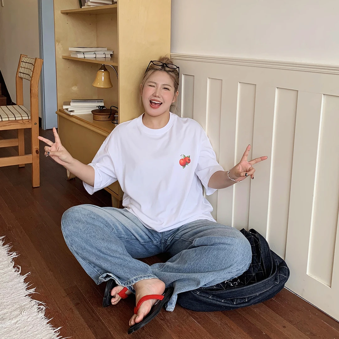 晶咕白标~山楂之恋前后印花图案宽松短袖T恤女夏季休闲百搭短袖