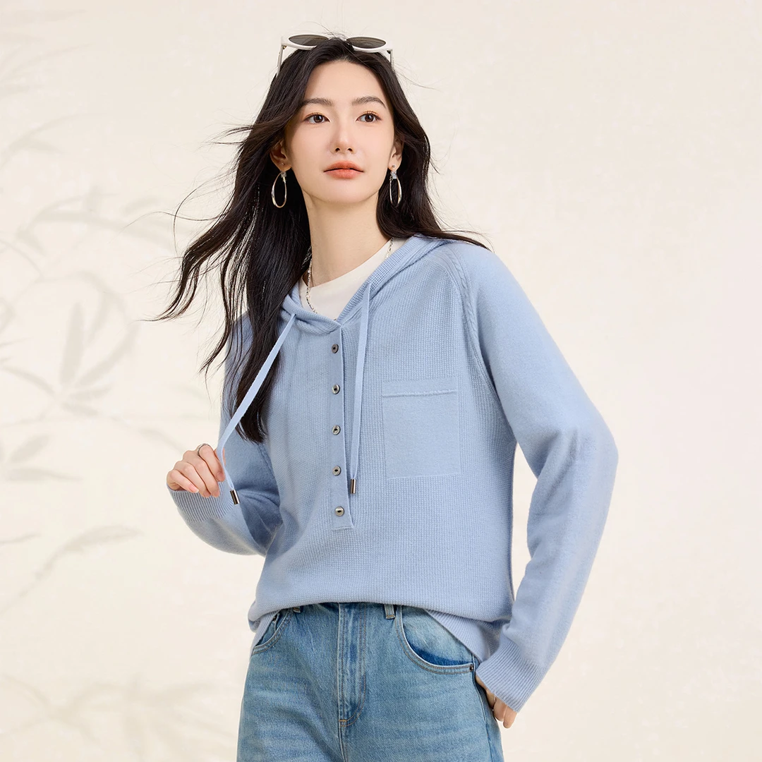 春竹秋季新款无缝100%羊毛衫连帽休闲慵懒风抽绳上衣保暖女针织衫