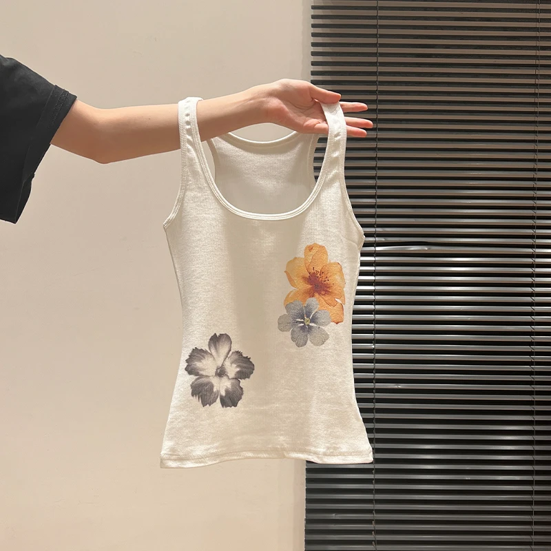 夏珍 花朵印花U领设计感吊带背心女2025夏季新款修身显瘦无袖上衣