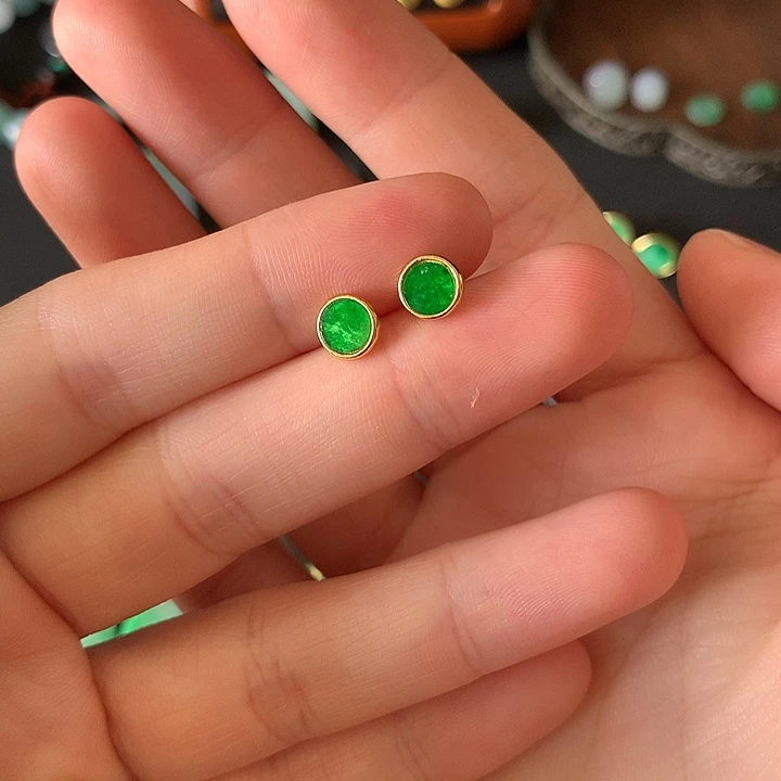 翡翠银S925镀金镶嵌耳饰小耳钉