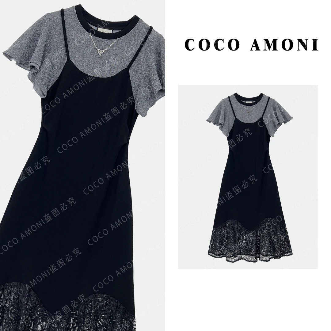 [曼姐]设计师高端定制夏日女装拼接褶皱收腰显瘦气质连衣裙AC691