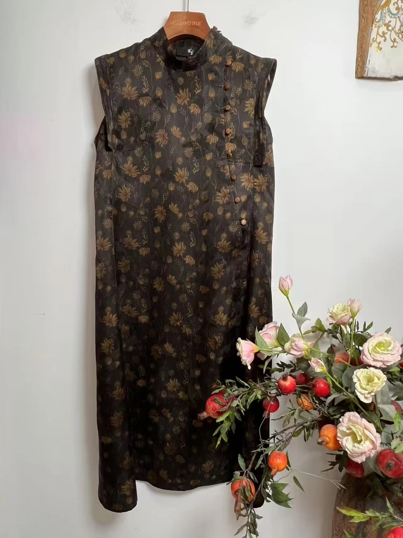 『南熙』香云纱真丝桑蚕丝新中式时尚国风复古立领无袖长裙（25065）