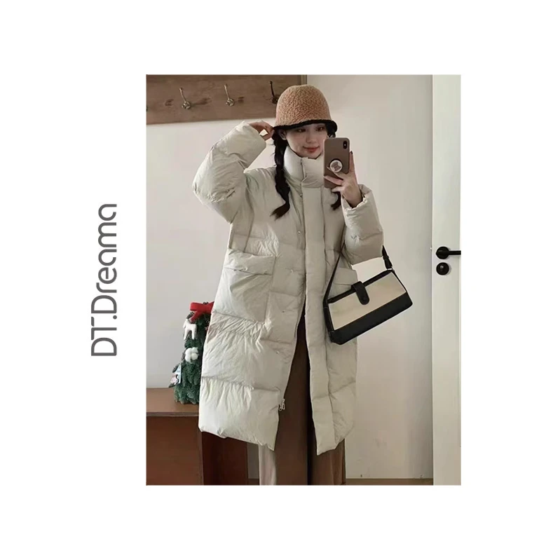 韩版羽绒服女新款中长款纯色休闲显瘦中长款宽松立领冬外套