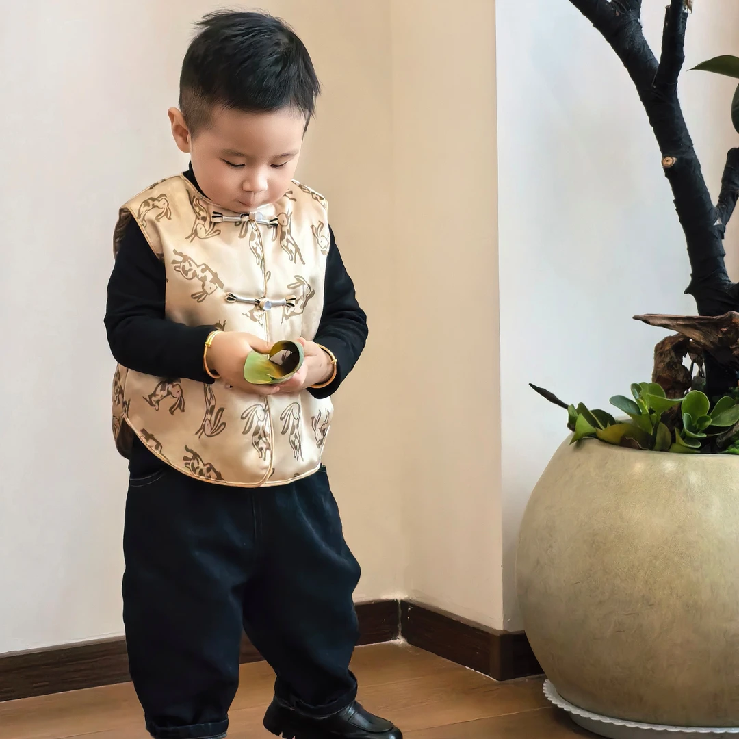 壹妈童装男童女童拜年服套装秋冬儿童国风新中式夹棉马甲加厚长裤