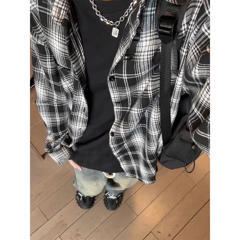 黑白格子长袖衬衫男高级感痞帅ootd穿搭美式复古cleanfit格纹外套