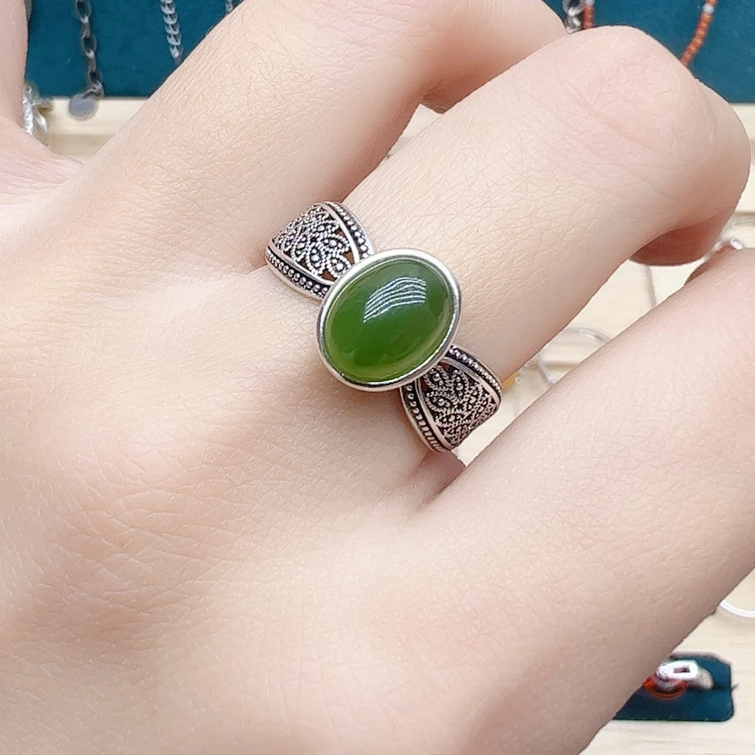 和田玉（碧玉）戒指银S925镶嵌