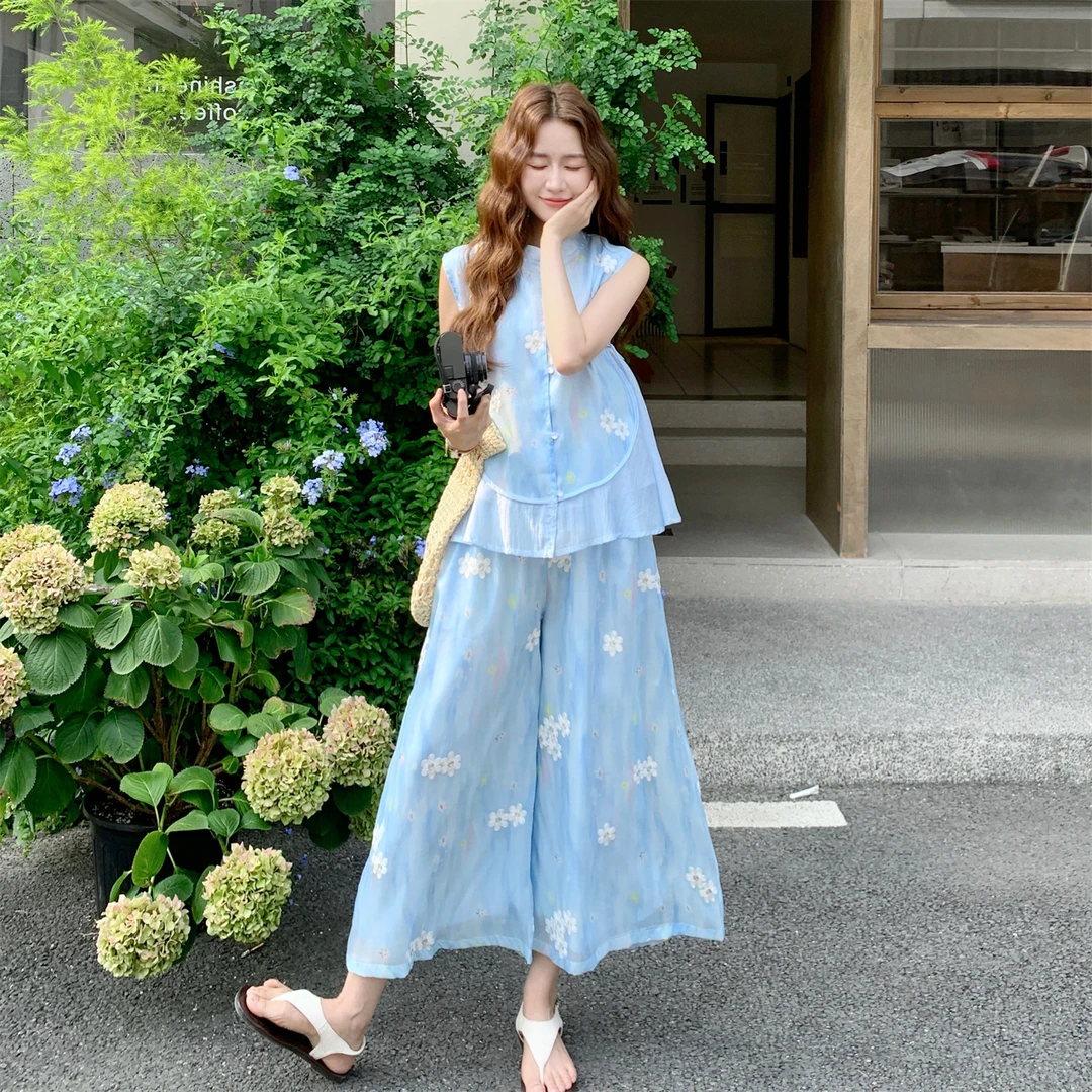 度假风蓝色碎花无袖衬衫阔腿裤套装女夏2025新款两件套流行爆款