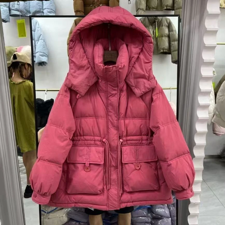 新款连帽鸭绒服抽腰女生必备款保暖过冬洋气百搭阔太气质上衣
