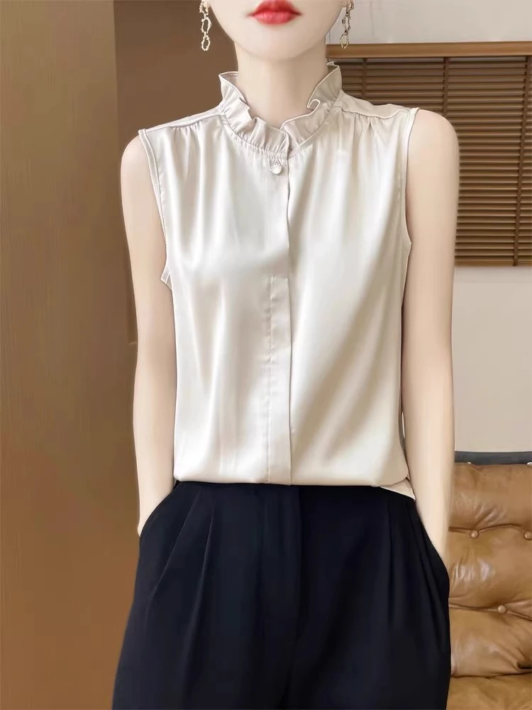 中式醋酸缎面无袖衬衫女内搭衬衣背心打底开衫国风木耳领上衣