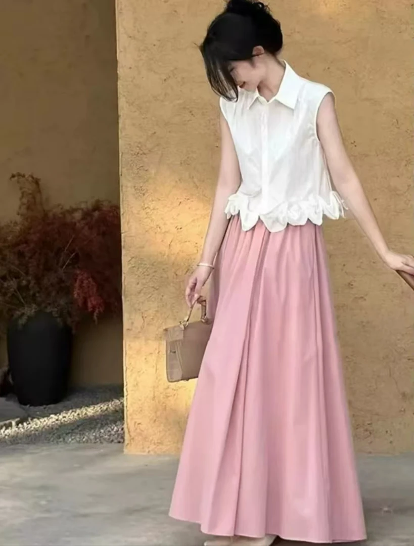 Miss huo 无袖花边小衫半身裙套装 A 粉白色 B62