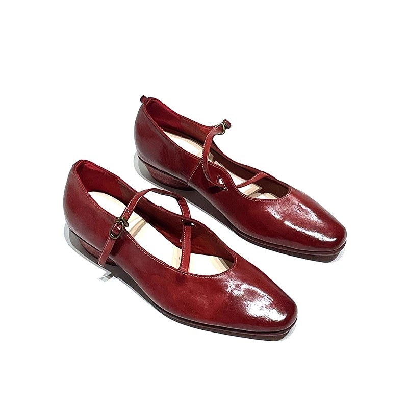 水洗马皮鞋子真皮底交叉扣带玛丽珍鞋子女款明星同款百搭鞋子