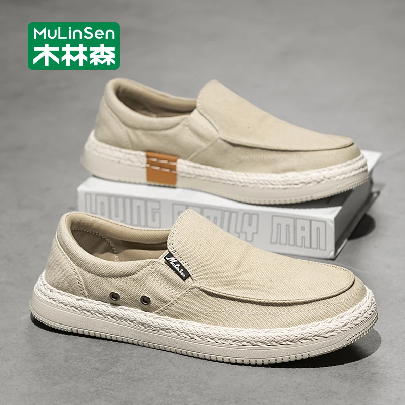 木林森男鞋2025新款秋季透气帆布鞋男士一脚蹬轻便休闲老北京布鞋