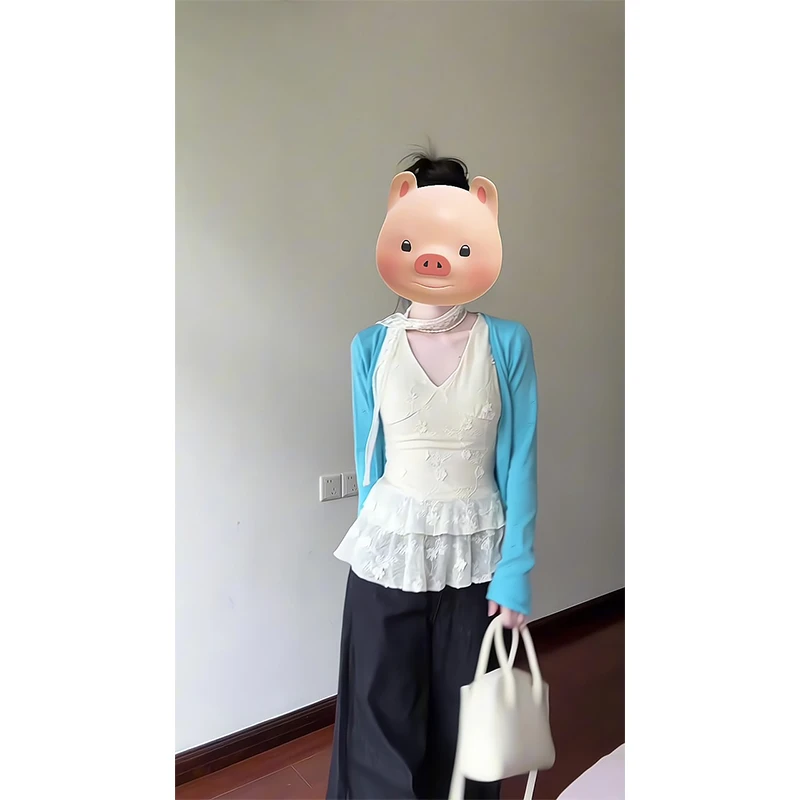 2025新款女士早秋季休闲百搭长袖针织开衫V领内搭上衣宽松阔腿裤