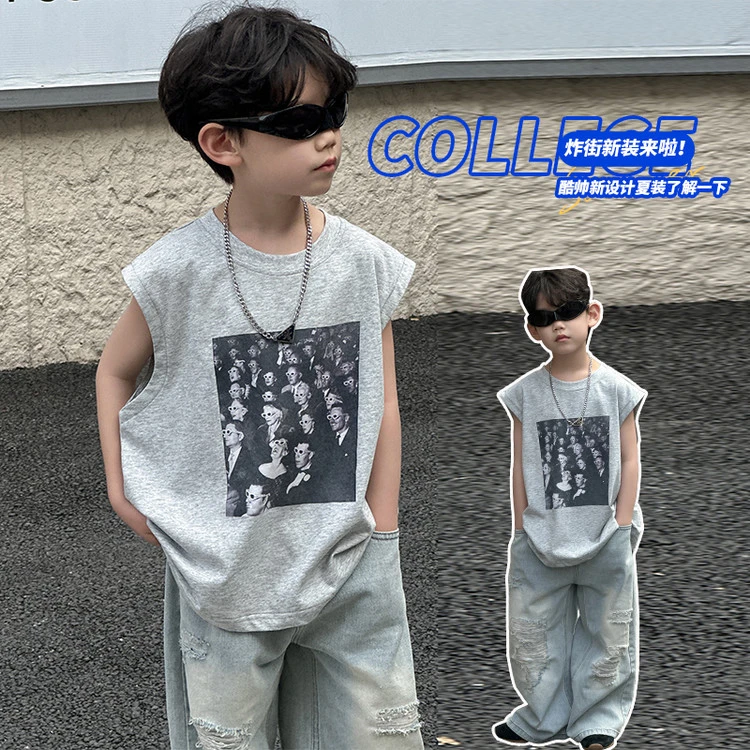 HY2586-男童韩版T恤2025夏季新款帅气印花上衣中小童圆领套头衫