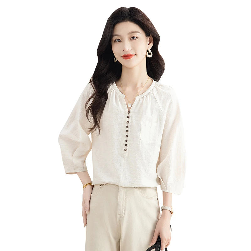 丝柏舍2025春装新款女装时尚纽扣设计宽松款插肩袖衬衫S51B0885C