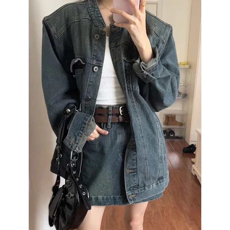 秋款韩版宽松时尚复古牛仔外套短裙美式御姐气质显瘦时尚两件套