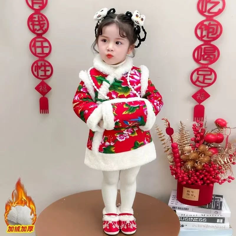 1173女童年服新款汉服新中式改良版旗袍加厚保暖东北大花唐装