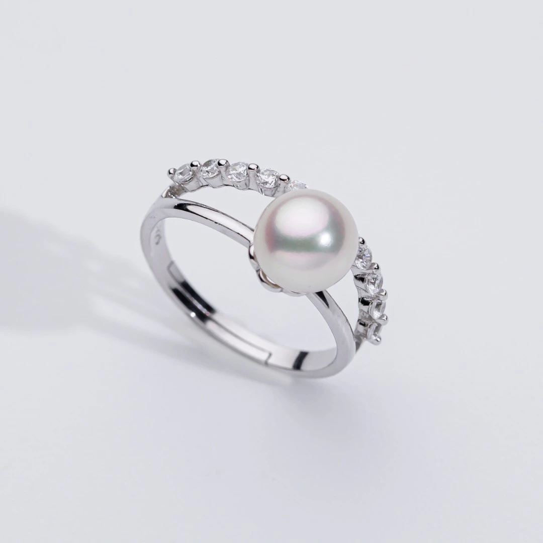 【寒屿珠宝】海水Akoya珍珠戒指7-8mm S925银 简约设计