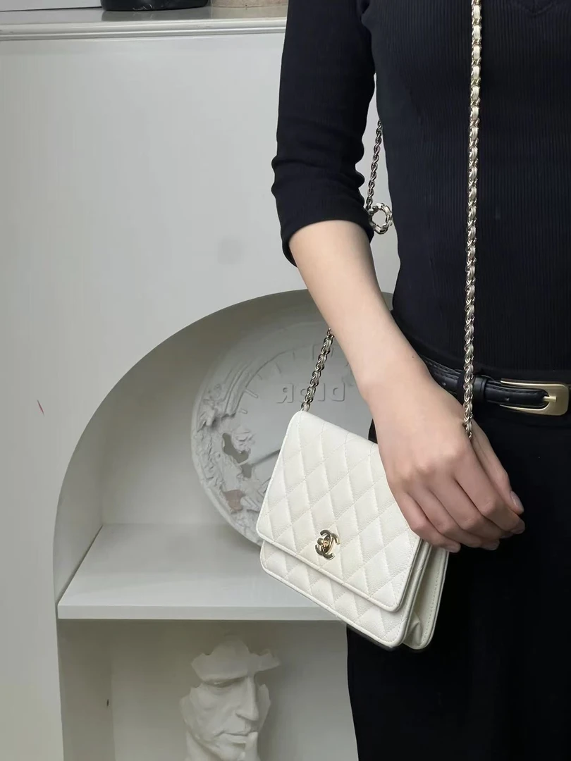 95新 Chanel/香奈儿 发财woc奶油白金荔枝牛旋纽扣单肩包/甄选