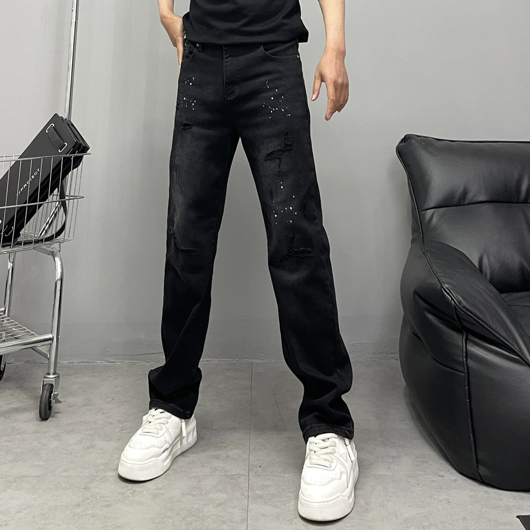 秋冬新款高端水洗黑灰色美式高街泼墨潮流男士韩版宽松直筒牛仔裤