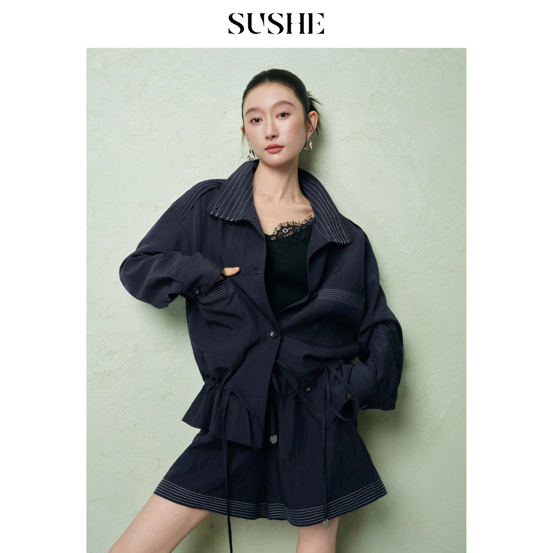 束皙SUSHE 青鸢 撞色绣线抽绳收腰上衣松紧高腰短裤套装女夏