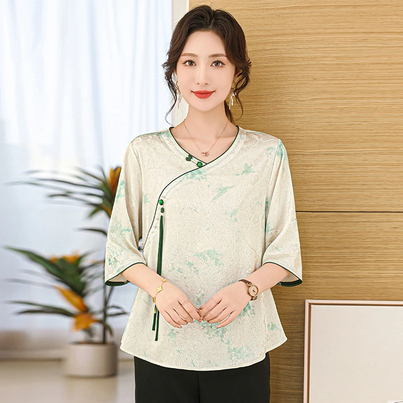 中式中老年女装中袖小衫时尚复古薄款中国风短袖妈妈夏装新款上衣