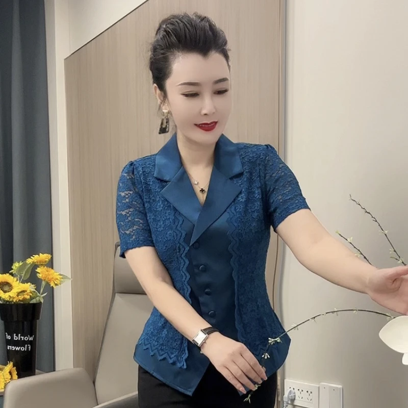 蕾丝西服-轻奢时尚蕾丝提花西装领气质减龄宽松开衫显瘦牛仔洋气