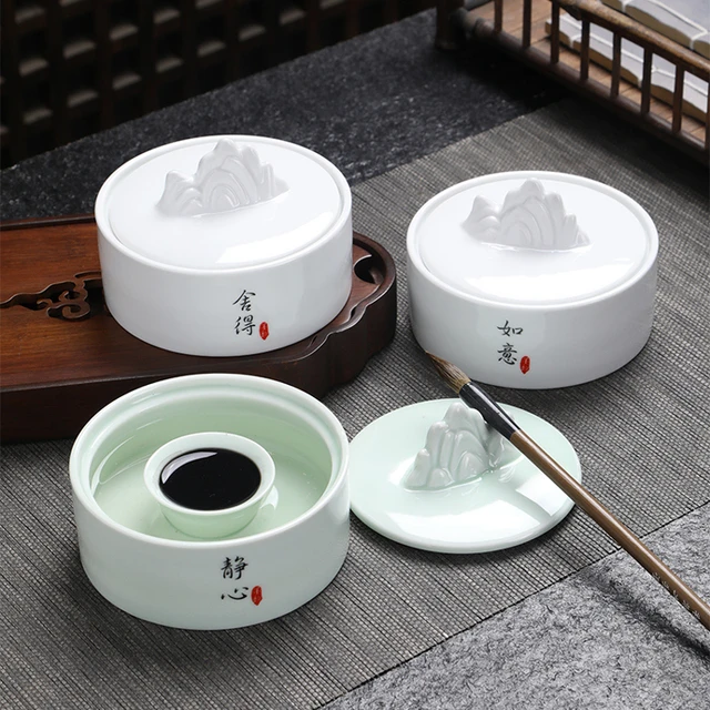 毛笔字火锅砚台墨水碟书法专用带盖保湿不干墨学生墨盘歙砚毛笔搁