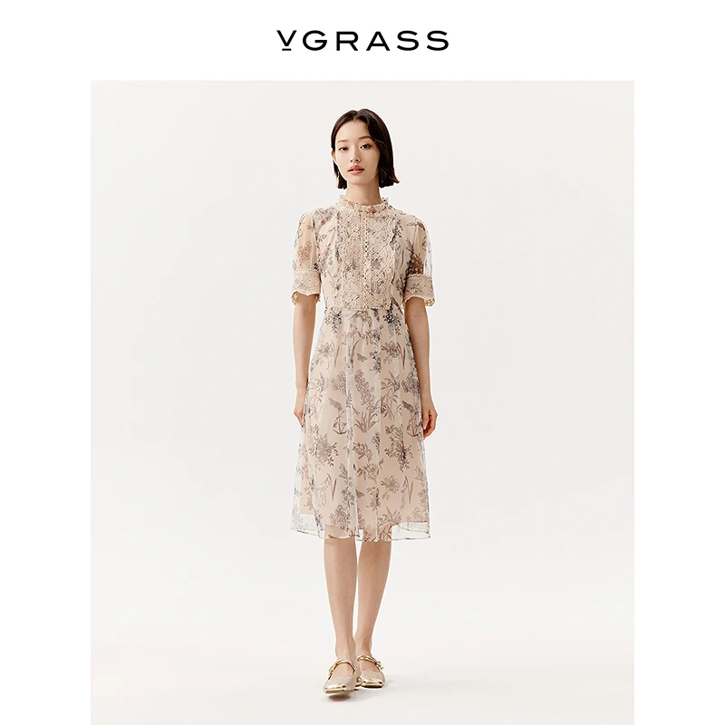 VGRASS精致刺绣网纱连衣裙25年夏季新款精裁修身裙子VSL2Q2458D
