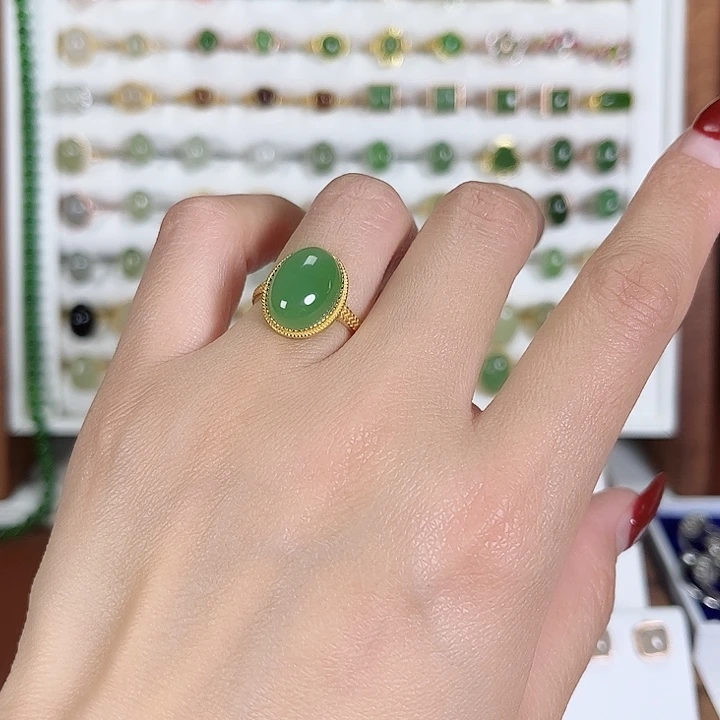 和田玉戒指银S925镀金镶嵌