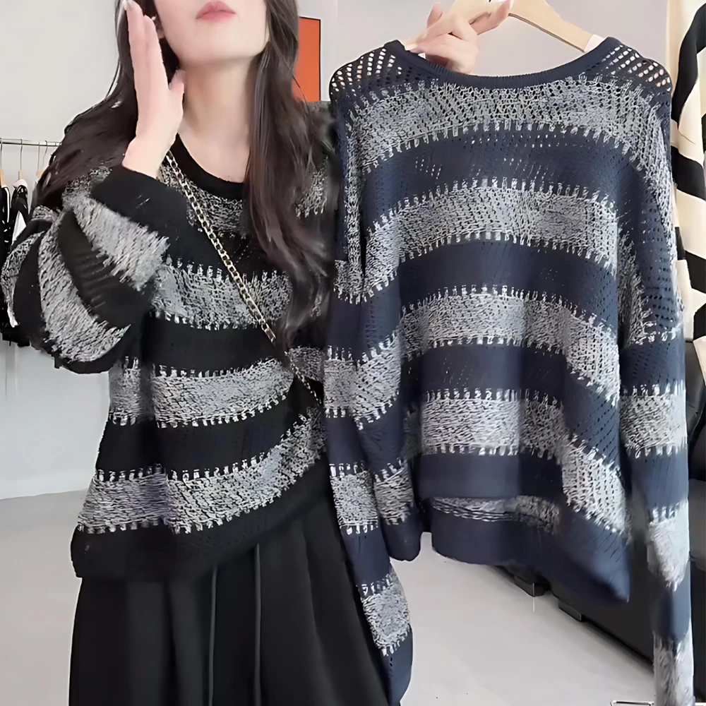 网红洋气炸街女装上衣针织衫秋冬圆领薄款条纹毛针织衫长袖韩版