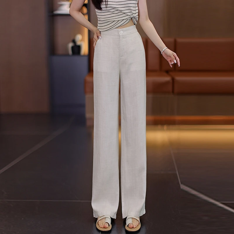 天丝亚麻阔腿裤女夏季2025新款高腰垂感西装裤宽松冰丝薄款直筒裤