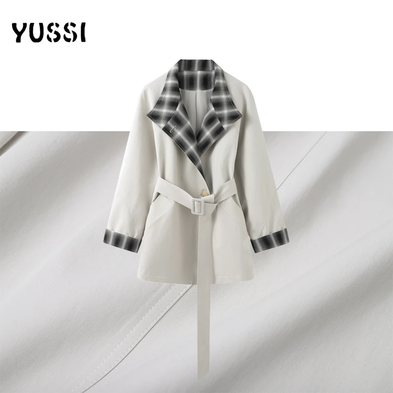 YUSSI【香榭丽舍】高级感米杏色格纹拼接短款气质收腰风衣短短风衣