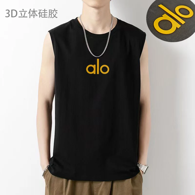 潮牌7A抗菌无袖T恤男女同款200克迪桑棉百搭背心圆领硅胶黄ALO