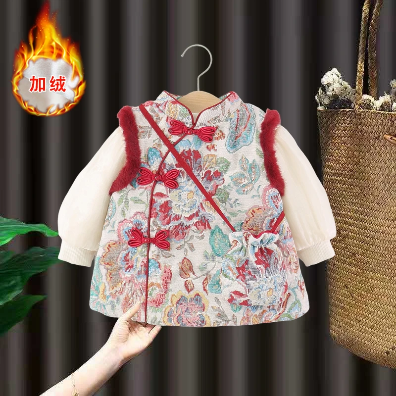 女童汉服冬装宝宝周岁礼服婴儿加绒连衣裙新中式旗袍小女孩拜年服