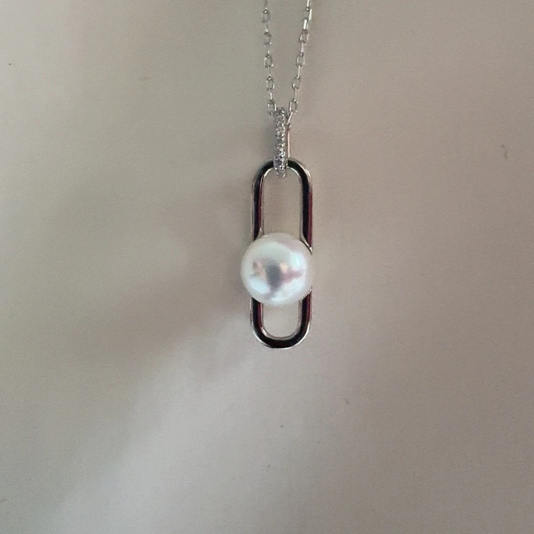 淡水珍珠颈饰银S925镶嵌7-8mm回形针吊坠