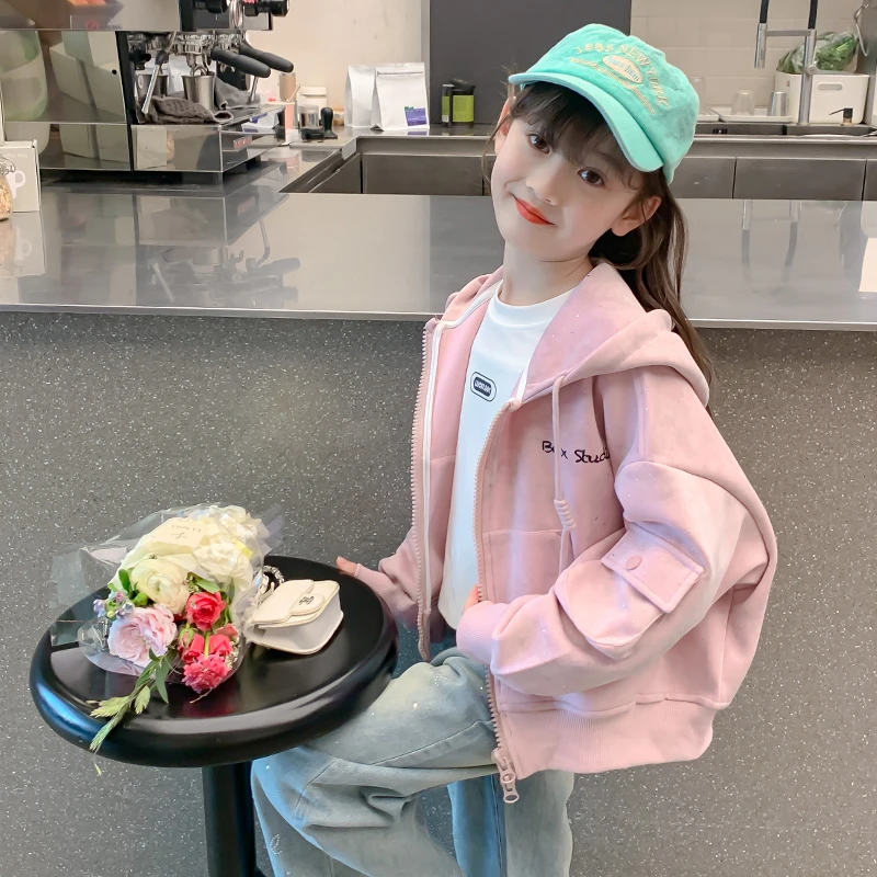 女童春季连帽外套宝宝新款运动小女孩春装亮片衣服儿童春秋款上衣