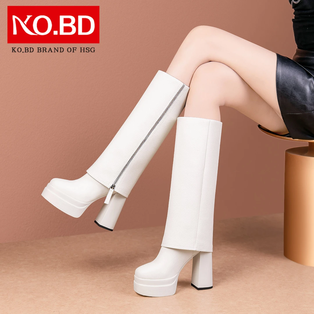 柯百蒂超高跟白色裤管靴全牛皮12cm高筒长靴冬季加绒粗跟女靴A837