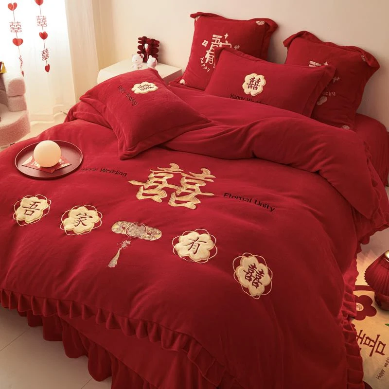 冬季新婚双面加厚牛奶绒床上四件套珊瑚绒被套结婚大红色床品中式