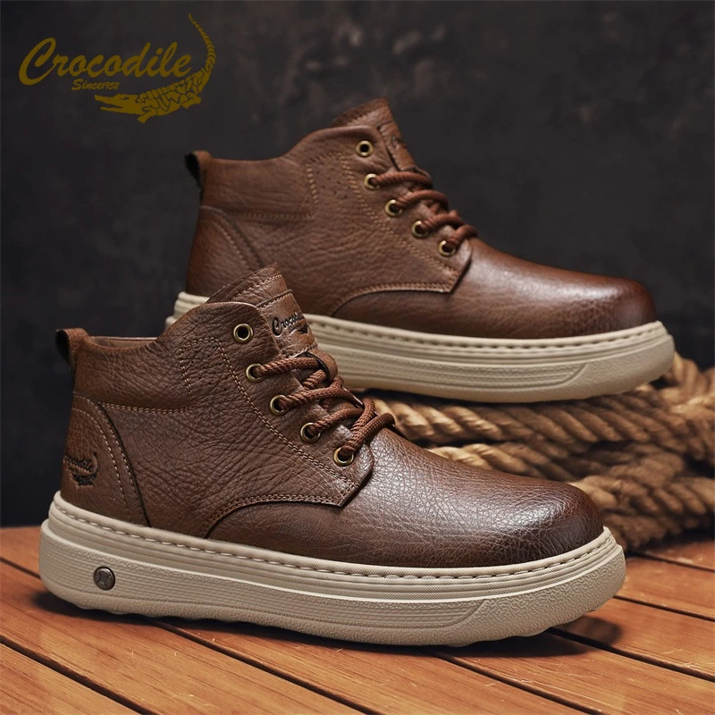 鳄鱼恤工装靴男冬季加绒棉鞋中帮英伦风皮靴耐磨防滑防寒真皮男靴