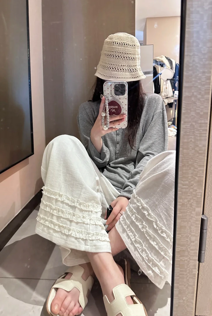 孕妇阔腿裤夏季薄款外穿花边麻料抽绳白色休闲直筒九分裤子设计感
